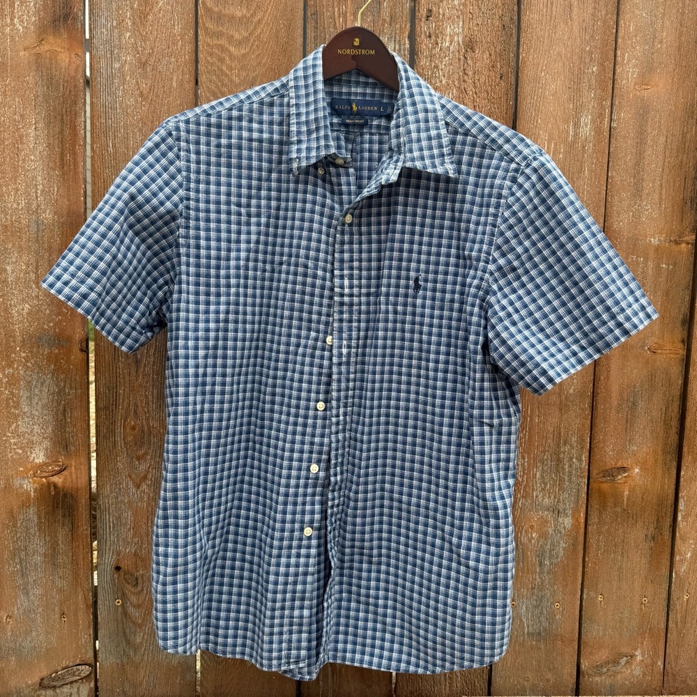 Ralph Lauren Men’s Blue Oxford Plaid Short Sleeve Button Down Shirt Size Large